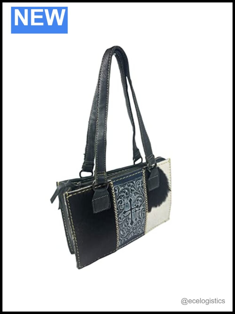 Real Cow Leather Tooled Crosses Tote Bag Purse Handbag Zipper Western Style